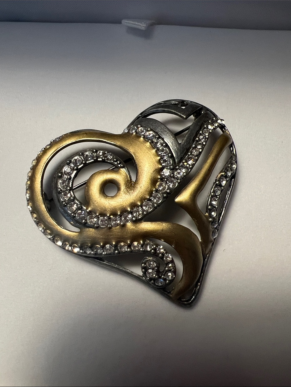 Chico’s gold and Silver tone  Heart Brooch with Clear Rhinestones AHA 2008 pin